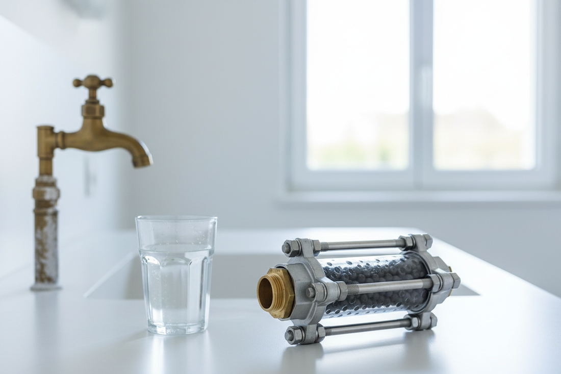 Dispositif de traitement de l’eau sans sel et verre d’eau dans une cuisine